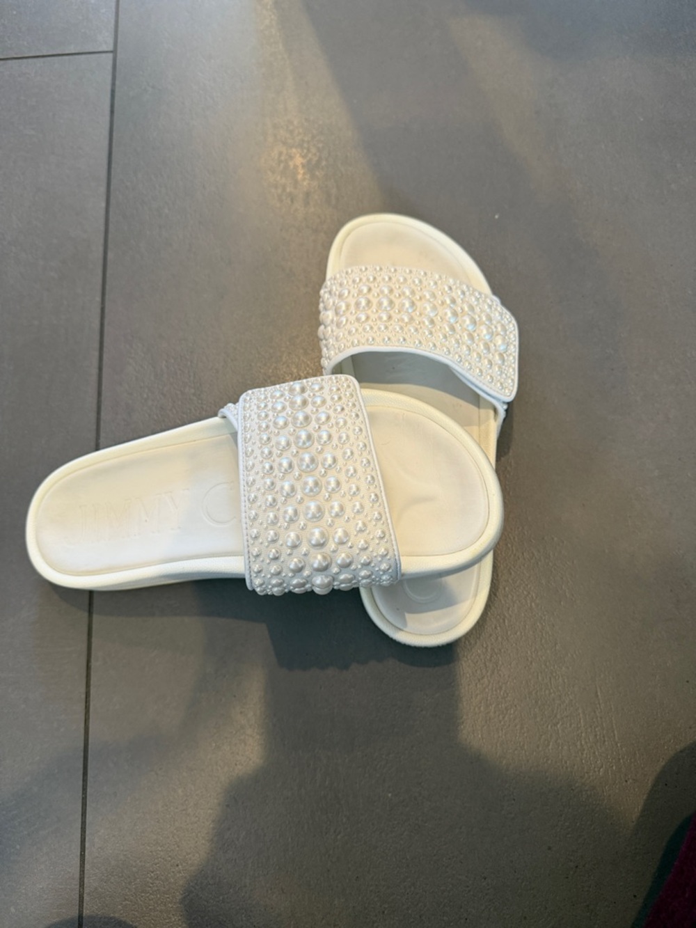 Jimmy Choo white Fitz Imitation Pearl Slide Sandals size 38